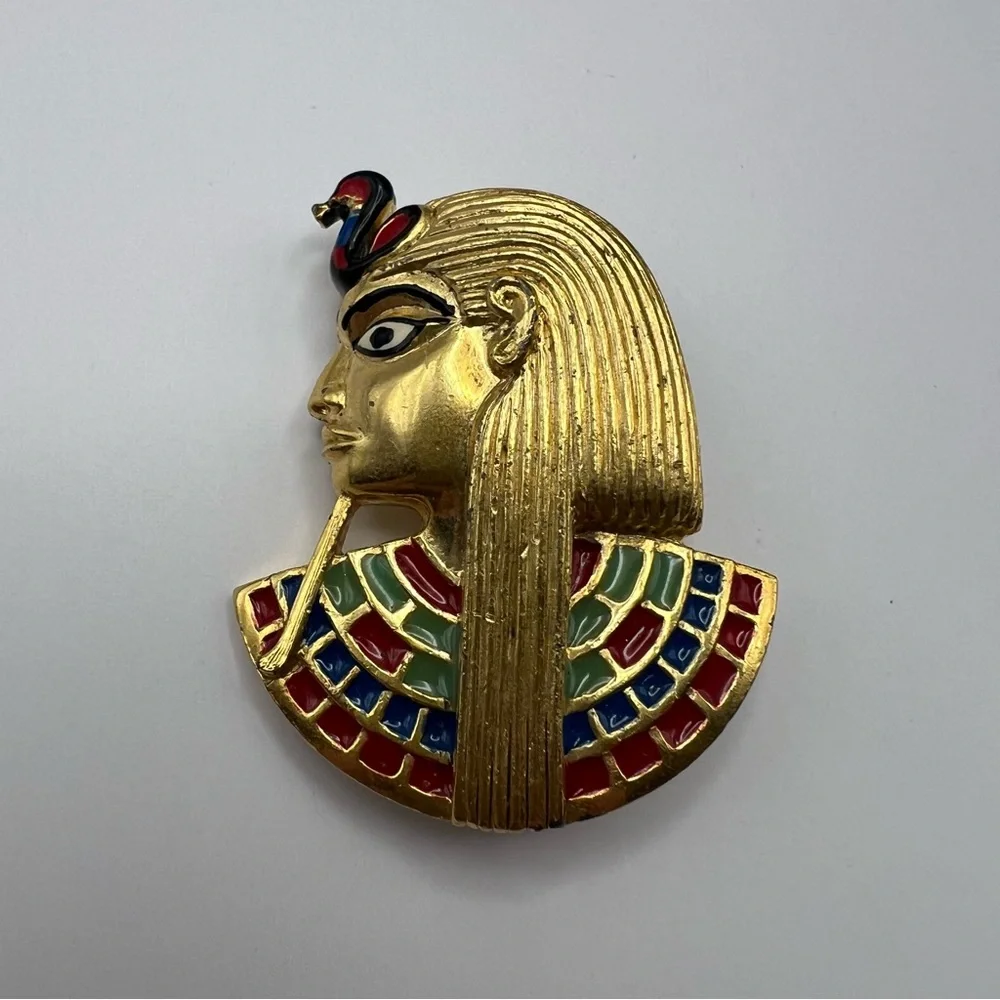 Rare Sphinx Egyptian Revival Vintage Gold Tone Pharaoh Brooch w/ Colorful Accent - Picture 1 of 8